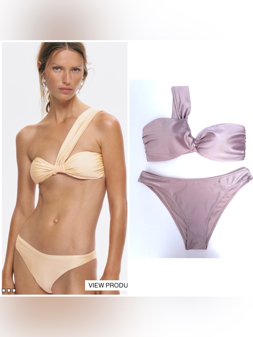 H&M One-Shoulder Padded Bandeau Bikini Set  Brazilian Bottoms Metallic Taupe 10